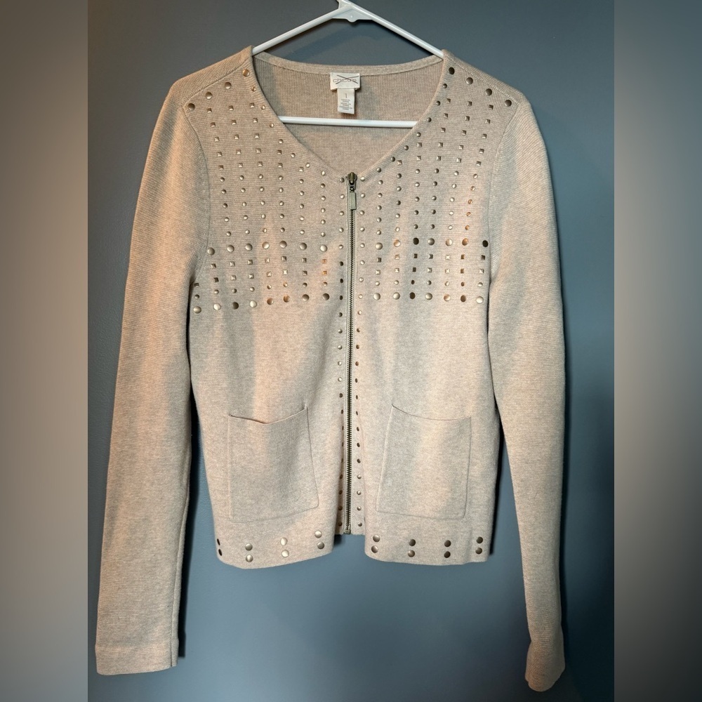 Chico's Beige Studded Full Zip Cardigan Womens Sz 1 (Equiv M‎ Sz 8) 100% Cotton
